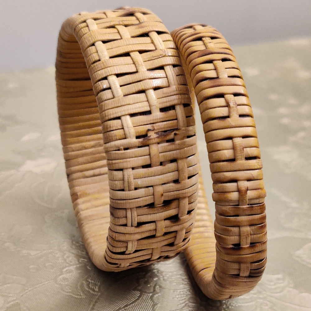 Vintage Straw Rattan Basket Weave Bangles Set